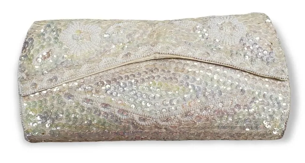 La Regal White Sequin Evening Clutch / Bag - Sequins Change Color w. Lighting